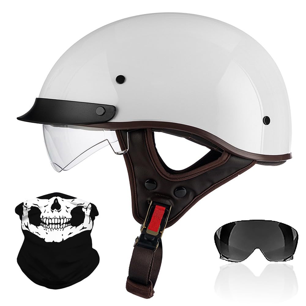 RHBDDHV Retro Half Face Motorbike Helmet, Moped Open Face Motorbike Helmet, ECE2206 Approved, with Visor Half Motorbike Helmet, Jet Helmet with Built-In Goggles for Cruiser Moped Scooter