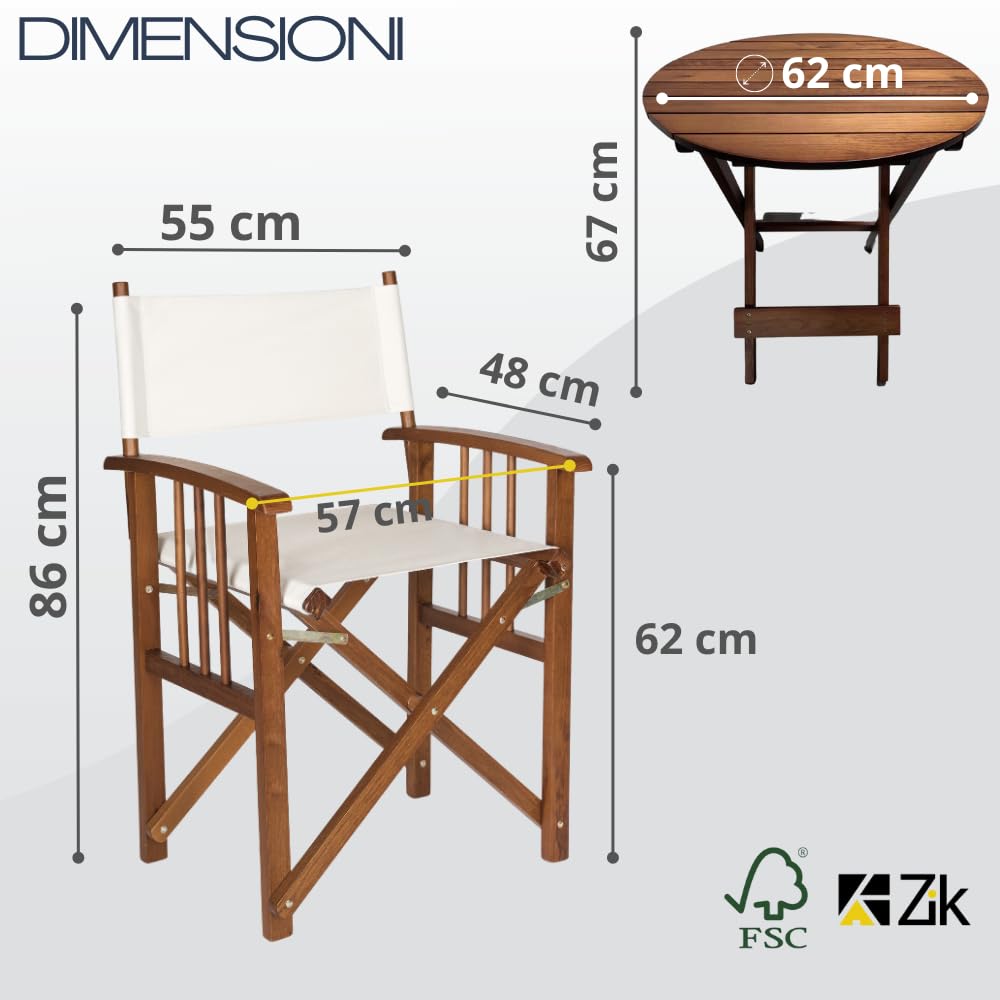 ZIK - Set 2 Sedia da Regista con Tavolo in Legno di Faggio Resistente, Sedia da Esterno Pieghevole e Richiudibile, Sedie in Legno da Giardino, Balcone, Veranda, Facile Manutenzione e Pulizia