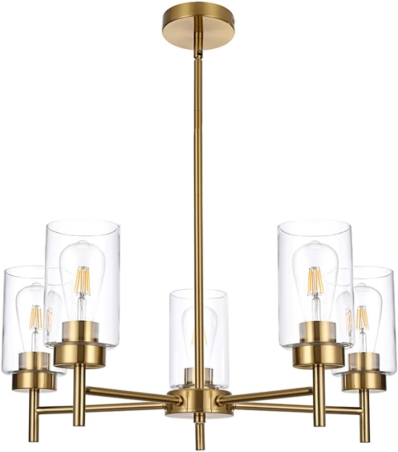 5-Light Farmhouse Chandelier for Dining Room Kitchen Island, Modern Chandeliers Brushed Nickel Pendant Lighting Fixtures with Clear Glass Shades for Living Room, Bedroom, Foyer (Nickel)