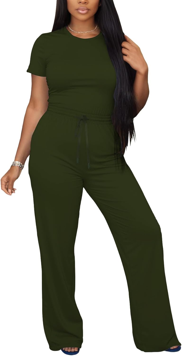 Ulovmi Women's Casual 2 Piece Outfits Short Sleeve Top and Wide Leg Pants with Pocket Loose Fit Lounge Sets Tracksuit - Image 2