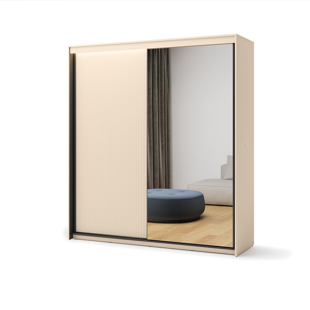 Duża szafa na ubrania TS-01 z lustrem i oświetleniem LED – dwudrzwiowa, rowkowane fronty, beżowa/czarna – 200 x 222 x 63 cm