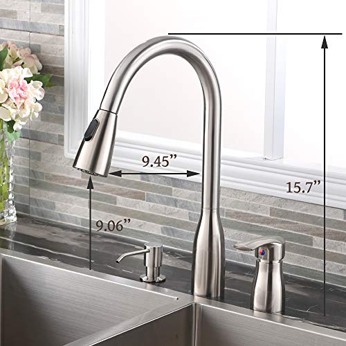 Hotis 3 Hole Pull Out Prep Sprayer Stainless Steel Single Handle Pull Down Kitchen Faucet, Sink Faucet Brushed Nickel Kitchen with Side Single Handle and Soap Dispenser