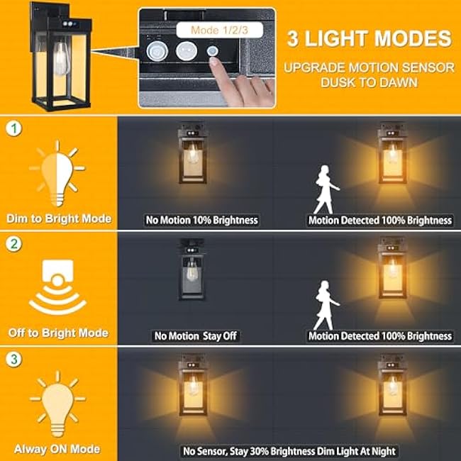Solar Wall Lights Outdoor, Solar Sconce Lantern with 3 Lighting Modes & Motion Sensor, Porch Light Fixture Outside Waterproof with Clear Panel for Garage Yard Front Door Shed (2 Pack)