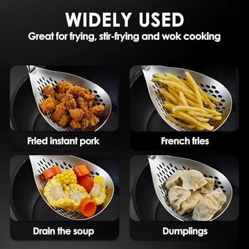 Image of 40 cm Stainless Steel Skimmer Spoon | 316 Grade Deep Fry Strainer with Wooden Handle | Heat Resistant Slotted Ladle for Frying, Cooking & Oil Draining