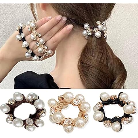 Rhinestone and Pearl Hair Ties for Women and Girls, Elastic Hair Scrunchies, Stretchy Hair Bands for Ponytail, Bun, 3pcs Cover