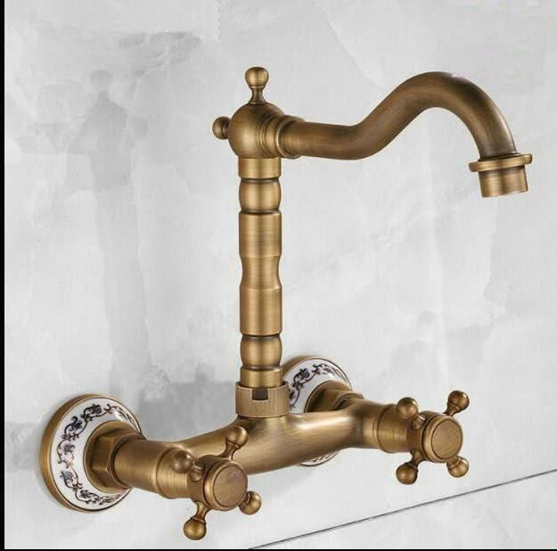 Antique Basin Kitchen Sink Mixer Tap Swivel Faucet Retro Bronze Fashion Style Wall Mounted Dual Handle Wash Basin Faucet