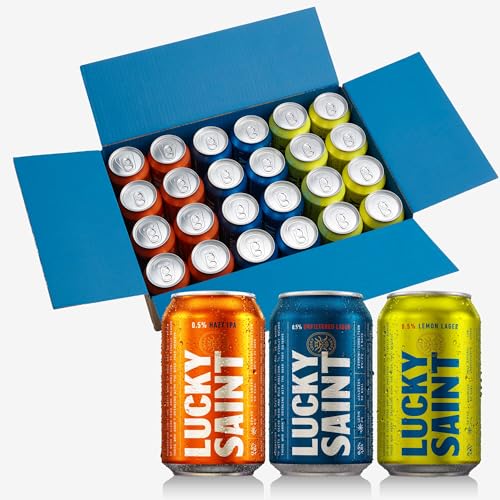 LUCKY SAINT Lager IPA & Lemon Lager Mixed Pack Case of 24 x 330ml | Non Alcoholic Beer 0.5% ABV Low Sugar Low Calories All Natural Ingredients
