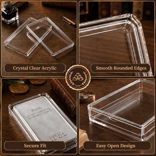 Image of Geiserailie 5 Pcs 10 oz Silver Bar Holder Case, Clear Acrylic Silver and Gold Bar Holder Capsule Storage Container Box for 10 Ounce