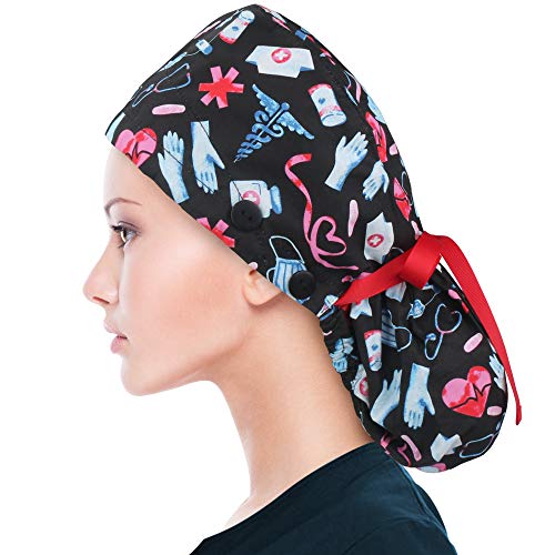 ABAMERICA Scrub Caps for Women Surgical Caps Nurse Hat Functional Ponytail Holder for Long Hair Single or Satin-Lined