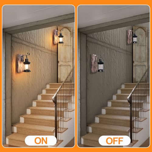 Image of Rustic Wall Light Fixtures Vintage Wall Sconces Sets of 2 Farmhouse Antique Wooden Lamp with Clear Glass Indoor Lighting Black Bedside Sconces Lighting for Bar Cafe Barn Stairs
