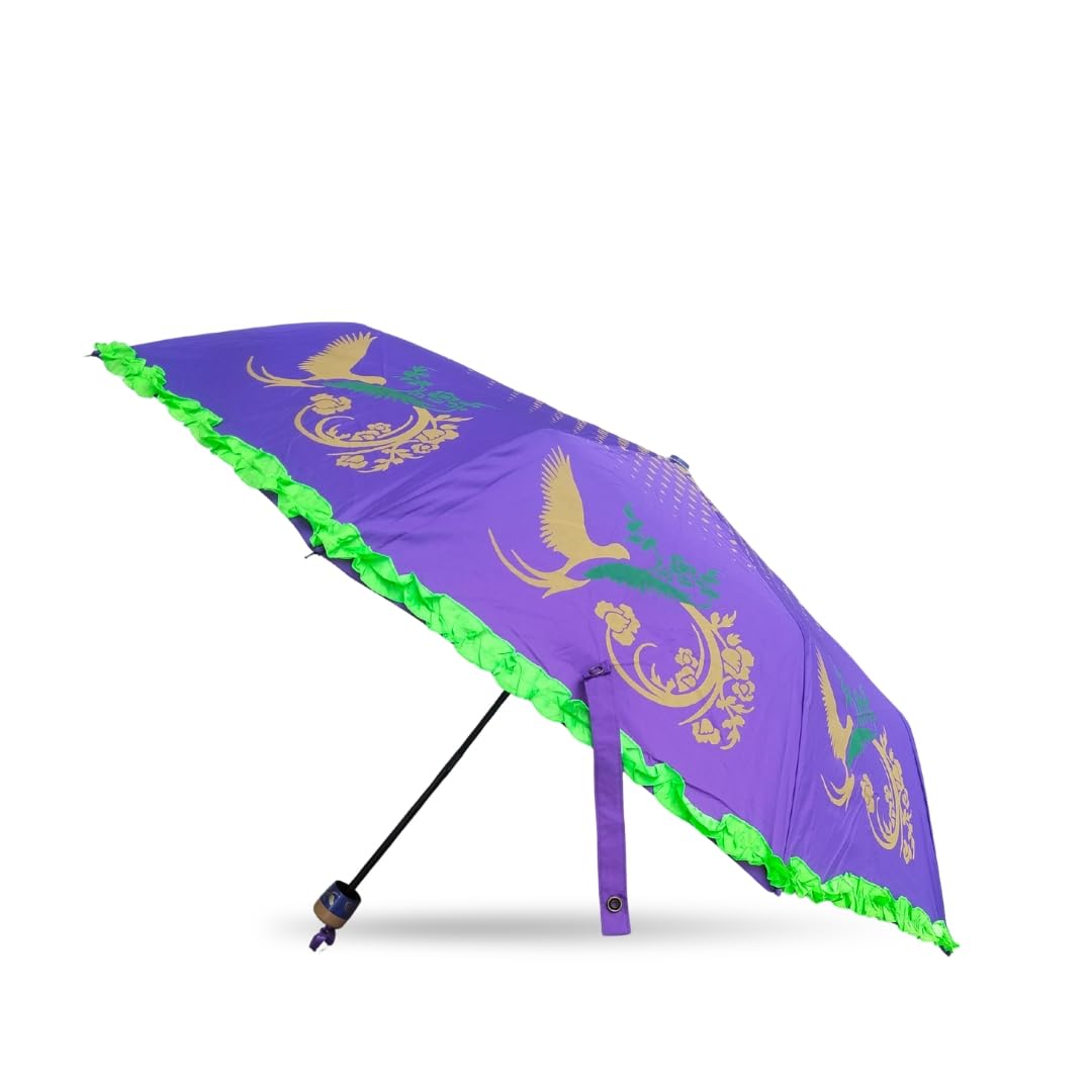 sharkk Premium 3 Fold Floral Print Umbrella for Women | Stylish Compact Folding Umbrella with Frill Lace Border | UV Protection & Rainproof Travel Umbrella-picture-34