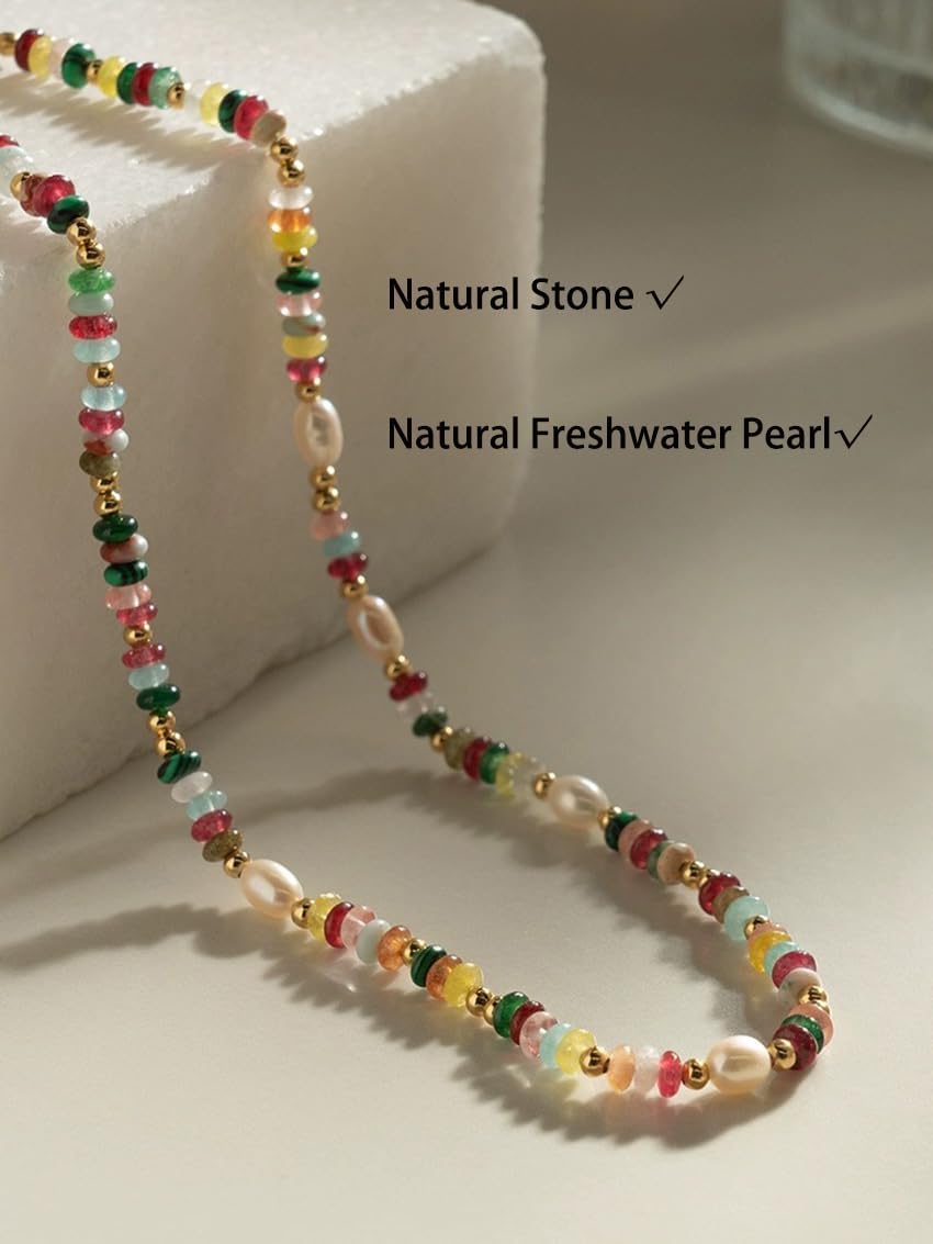 Colorful Beaded Gemstone Neckelace for Women Natural Stone Freshwater Pearl Necklace Rainbow Boho Bead Choker Necklace Charm Jewelry - Image 2