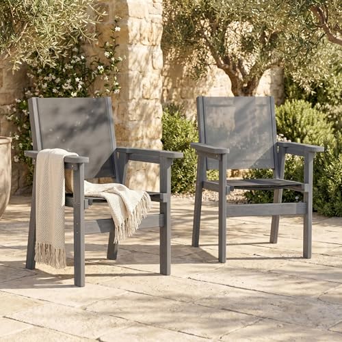 Image of HDPE Outdoor Dining Chairs Set of 2 | Textilene Weather Resistant Patio Stackable Chairs for Garden, Backyard, Lawn and Poolside, Grey