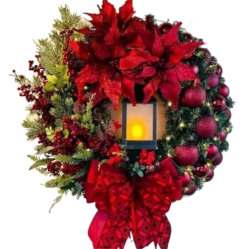 Guirnalda de Navidad con farol y lazo de 40 cm, guirnalda festiva para puerta delantera para decoración navideña (rojo)