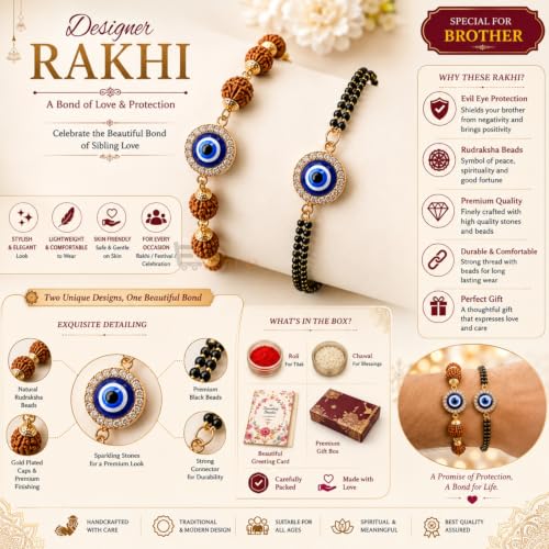 Image of EITHEO Bhaiya Bhabhi Rakhi Set with Evil Eye Charm, Rudraksha Rakhi & Black Bead Lumba Bracelet, Handmade Gift with Roli Chawal, Chandan & Mishri (Couple Set of 4)