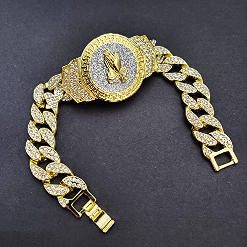 14K Gold Plated 8.5" Cz Full Iced Praying Hands Cuban Hip Hop Jewelry Fashion Bracelet #TOP3