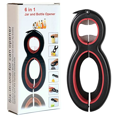 Otstar 6 in 1 Multi Opener All in One Bottle Opener Can Soda and Jar Openers Twist Off Lid Open Sesame Can Opener for Seniors and Arthritic Hands (Black and Red)