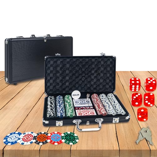Image of WISHKEY Black Casino Style Poker Set, 300 Pcs Ceramic Printed Denomination Chips with Lockable Aluminum Finish Case 2 Decks of Cards 5 Dice 1 Dealer Button 2 Keys Classic Multiplayer Game, 14+ Years