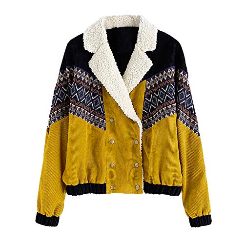 ZAFUL Women's Double Breasted Tribal Print Corduroy Jacket Faux Shearling Collar Coat Yellow L