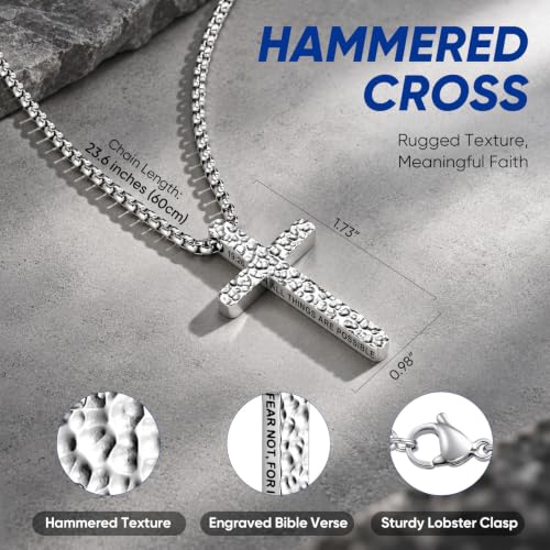 Hammered Cross Necklace for Men, Matthew 19:26 Stainless Steel Pendant - image 5