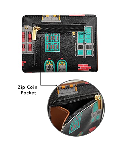 Image of Funk For Hire Black Faux Leather Unisex Mini Card Holder Wallet Bifold Slim Compact Wallet with 6 Card Slots Cash Compartment and Zippered Coin Pouch Casual Stylish