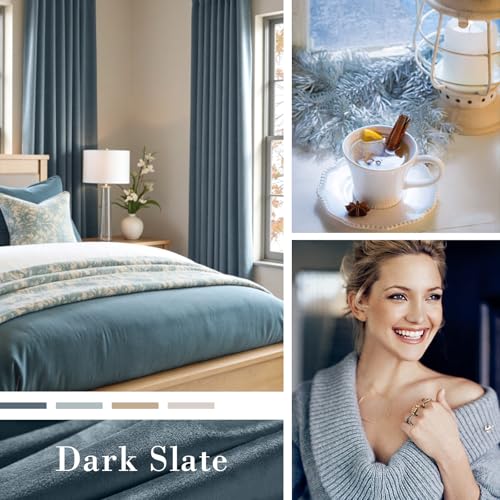 Image of Extra Long Dark Slate Velvet Curtains Back Tab 52x108 Inch 2 Panels | Blackout, Lined, Soft Velvet, For Tall Windows & High Ceilings, Light Shifting Texture, Elegant Luxury Drape, Serene