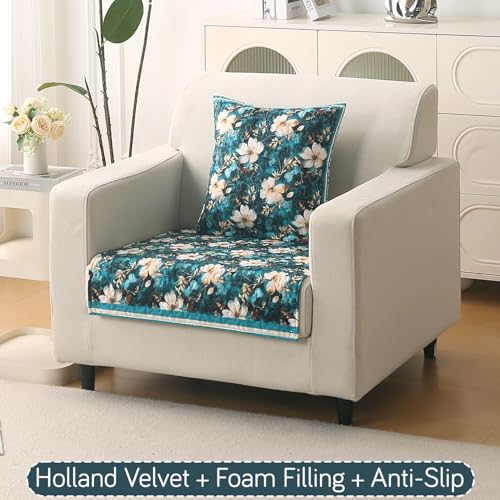 Image of HOKIPO 'Florentina Series' Premium Holland Velvet Sofa Cover Mat for 1 Seater Sofa with Foam Filling for Extra Softness, Anti-Slip Backing, Pansies Teal (IN-878-V5*1)