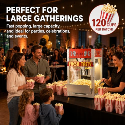 Image of 38 Oz Commercial Popcorn Machine, Large Popcorn Maker Machine, Movie Theater Countertop Pop Corn Machine with 3-Switch Control & Tempered Glass Doors, Red
