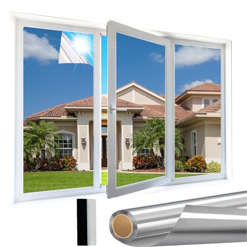 Samheito Window Film Privacy 60 × 200 cm One Way Mirror Film Self-Adhesive Reflective Window Film Anti Glare Privacy Film for Glass Windows Bathroom Window Tint Film UV Blocking for Home Office Silver