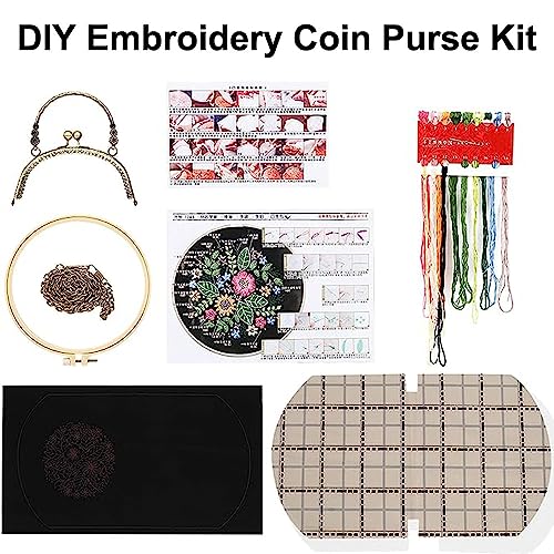 Image of Gogobear Embroidery Coin Purse Kits for Beginners Handmade DIY Clutch | Included Embroidery Cloth Bag /Chain /Craft Stamped /Hoops Threads, Friend Gifts, Retro Vintage Style