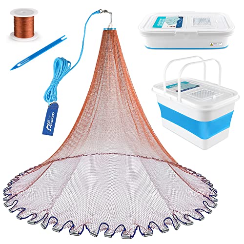 Plusinno Fishing Cast Net With Foldable Bucket, 3/8 Inch Mesh Size Cast Nets For Fishing, 4Ft/5Ft/6Ft/7Ft Radius Fish Casting Net Freshwater Saltwater, Heavy Duty Throw Casting Nets For Bait Fish #TOP21