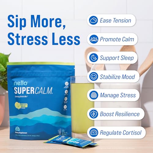 Image of Nello Supercalm Powdered Drink Mix, Cortisol Reducer and Sleep Aid Supplement, L Theanine, Ksm-66 Ashwagandha, Magnesium Glycinate, Vitamin D 3, No Sugar, Non GMO, On The Go, 20 Ct, Honeydew Melon