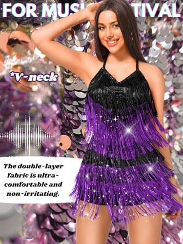 Image of Kaei&Shi Sequin Fringe Romper,Sparkly Glitter Metallic Jumpsuits For Women,Backless Shorts Dress Disco Birthday Dance Outfit