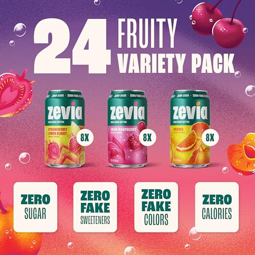 Image of Zevia Zero Sugar Soda, Fruity Variety Pack, 12 oz Cans (24-Pack) - Naturally Sweetened, Zero Calorie Sugar Free Soda - Non-GMO Project Verified, Gluten-Free, Vegan