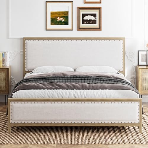 GAOMON Queen Size Metal Bed Frame, Upholstered Platform Bed with Linen Headboard and