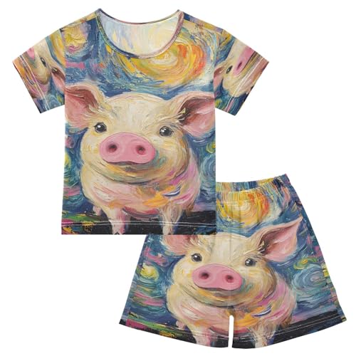 ALAZA Starry Sky Pig Van Gogh Pajamas Set Short Sleeve Cotton Sleepwear Summer Pjs 2 Piece 5-14Y