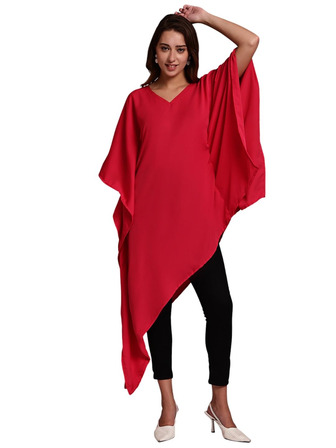 Red Solid American Crepe Women's Kaftan-image-32