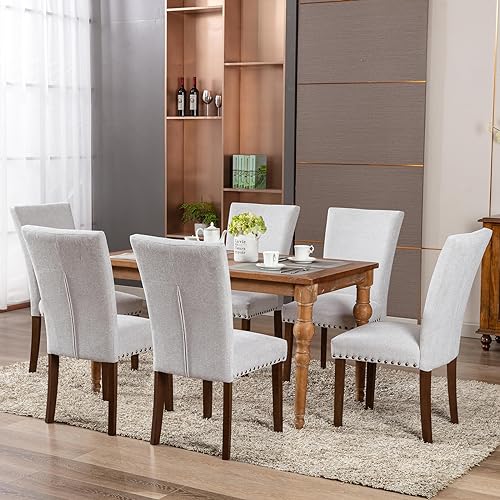 Image of COLAMY Upholstered Parsons Dining Chairs Set of 2, Fabric Dining Room Kitchen Side Chair with Nailhead Trim and Wood Legs - Light Grey