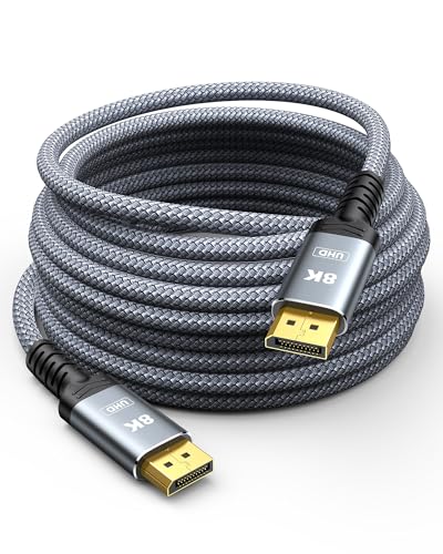 Capshi 8K 4K DisplayPort Cable 1.4, Fiber Optic 50FT DP Cord (8K@60Hz, 4K@144Hz, 2K@240Hz/165Hz), 32.4Gbps High Speed Display Port Cable for Gaming Monitor, HDR/FreeSync/G-Sync, Braided, Grey