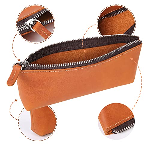Image of Genuine Leather Pen Pouch - Elegant Handcrafted Zipper Pencil Case, Small Coin Purse, Money Bag, and Makeup Case