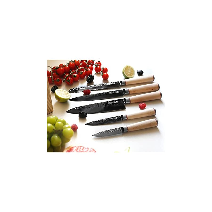 YOUSUNLONG-Knife-Block-Sets-5-Piece-Chef-Knife-Set-Japanese-AUS8-Steel-Black-Titanium-Natural-Fraxinus-Americana-Wood-Knife-Holder-Canadian-Maple-Wood-Handle-With-Gift-Box YOUSUNLONG Knife Block Sets - 5 Piece Chef Knife Set - Japanese AUS8 Steel Black Titanium - Natural Fraxinus Americana Wood Knife Holder - Canadian Maple Wood Handle - With Gift Box