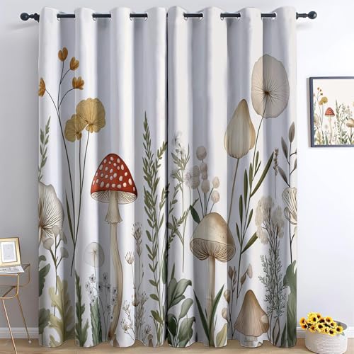 Beige Cortinas Opacas Flores Plantas Hongos 100% Poliéster Cortinas Reduccion Ruido Termicas, Aislantes Frio Y Calor, 2 Piezas con Ojales 75An X 166Al Cm