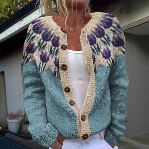 Women's Vintage Graphic Knit Cardigan Sweater, Lightweight Comfy Long Sleeve Sweaters Fall Winter Trendy Button Outfits2