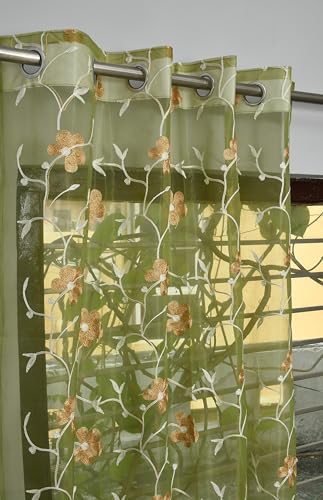 Image of Homefab India Embroidery Floral Net Transparent Sheer Curtain - 5X4 Feet, Window Curtains, Green, Pack of 1 Pc