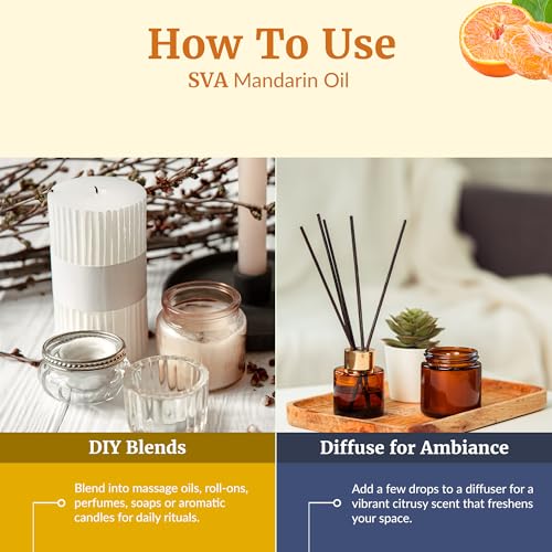 Image of SVA Mandarin Essential Oil 4 Fl Oz - for Diffuser, Skin & Hair Care - Ideal for Massage & DIY Blends - with Dropper