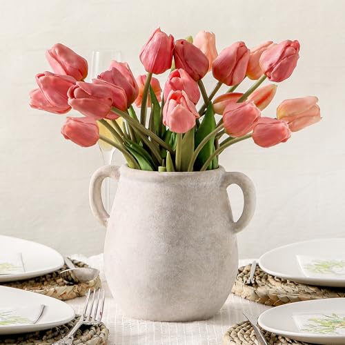 Ceramic Flower Vase Home Decor – 7.1 Inch White Rustic Table Flowers Vases Living Room Bedroom Plant Decoration Modern Farmhouse Vintage for Kitchen Shelf Office Coffee Dining Desk House Women