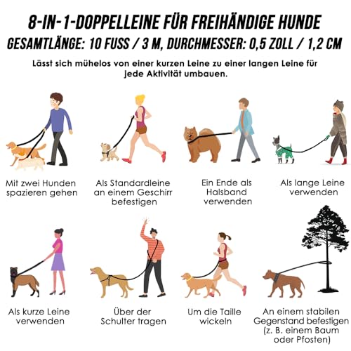 Eyein Hundeleine 3m für Kleine mittelgroße Hunde, 8in1 Schleppleine mit 3 Verstellbare Schnalle und Griffen, Reflektierende Doppelleine für 2 Hunde - Unter 100KG, Verdickte Freihandleinen, Rosa