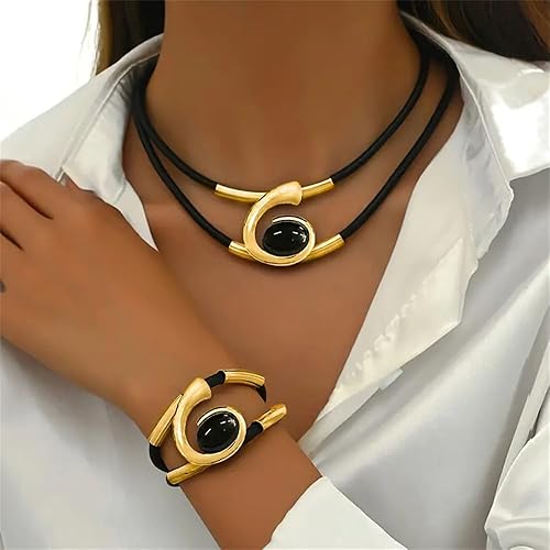 Miniatura 4 de Juego de joyas de oro, cuerda negra bohemia de doble capa con colgante ovalado de acrílico negro y pulsera, collar y pulsera, collar dorado de moda