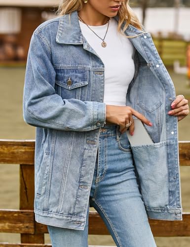 Women's Casual Denim Jacket Oversized Button Down Long Sleeve Shacket Coat Mid Long Outwear4