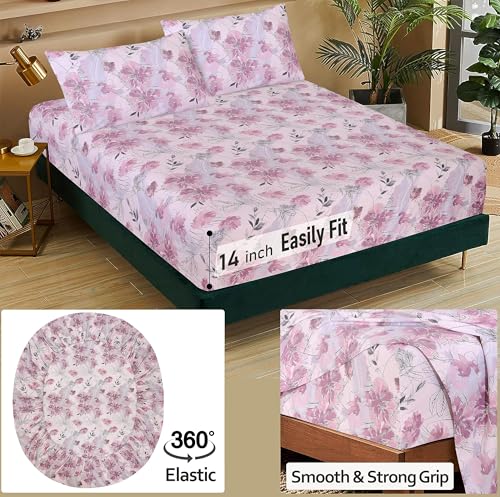 RUVANTI 100% Cotton California King Sheet Sets, 4 Pieces, Soft & Breathable Percale Weave Bedding, Deep Pocket 14", Hotel Standard, Crisp Cool Feel & Durable, Perfect Floral Sheets, Lilac Floral
